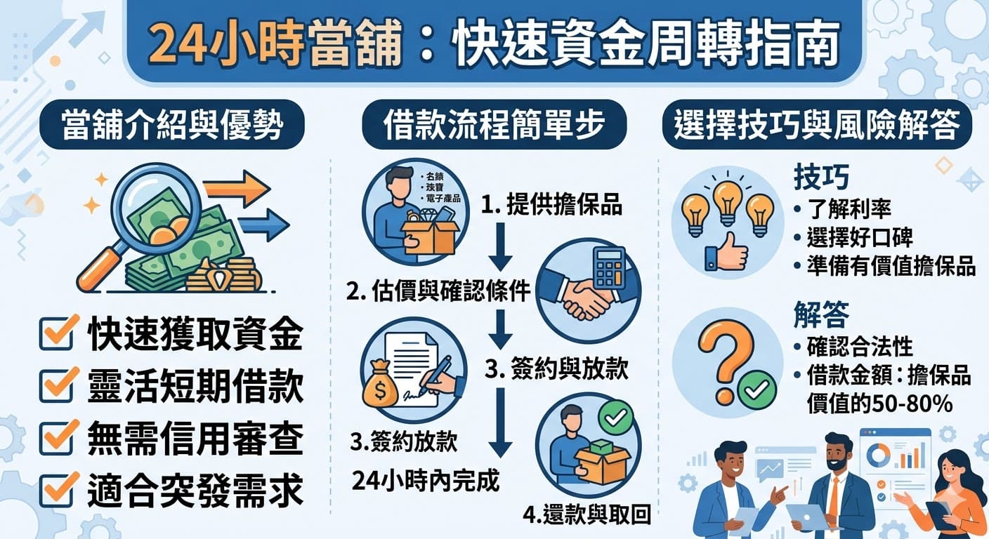 24小時當舖提供急需現金的借款人一個簡便快速的資金周轉選擇。無需信用審查，只需提供有價值的擔保品，即可在短時間內借款，適合臨時急需資金的人。透過24小時當舖，借款人可以輕鬆借款並靈活還款，無需繁瑣的審核流程。了解24小時當舖的運作、優勢及選擇建議，讓您能夠在急需資金時做出正確的決定。